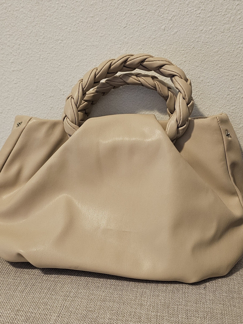 Braided Handle Beige Women’s Tote Bag